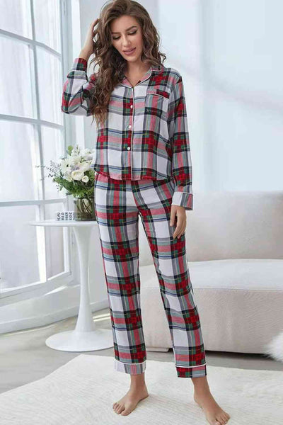 Plaid Button Front Top and Pants Lounge Set - Sufyaa