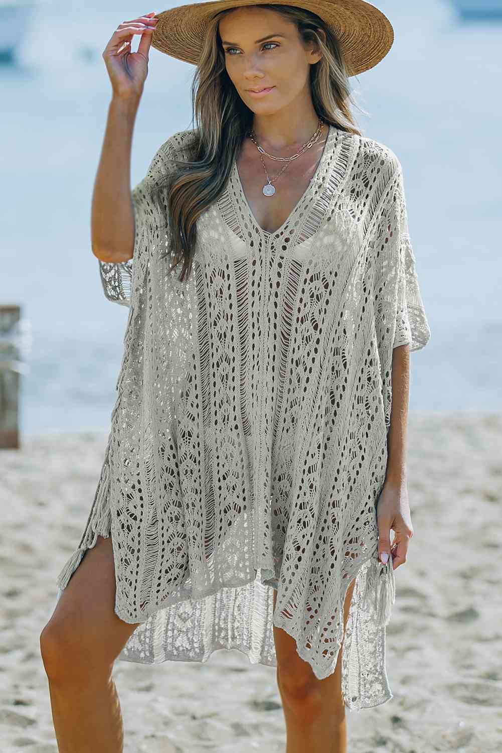 Openwork V-Neck Slit Cover Up - Sufyaa