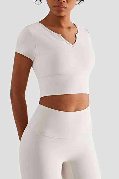 Notched Neck Short Sleeve Cropped Sports Top - Sufyaa