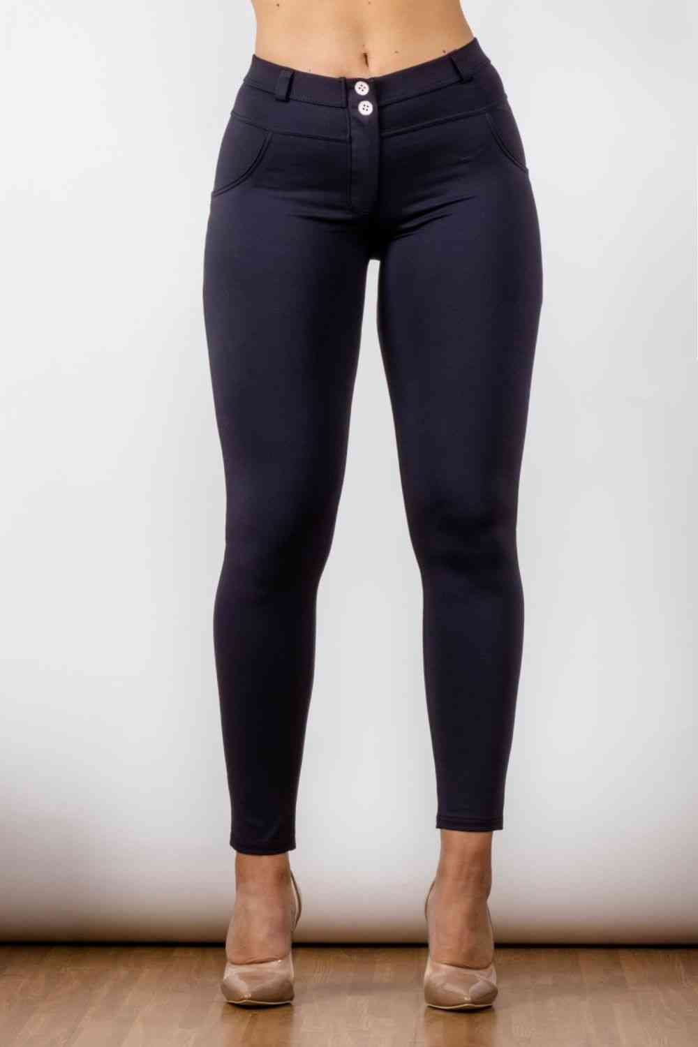 Full Size Contrast Detail Buttoned Leggings - Sufyaa