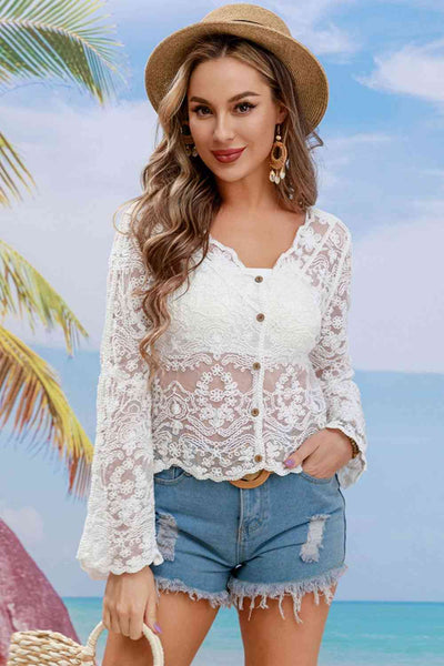 Buttoned Sheer Lace Cover Up - Sufyaa
