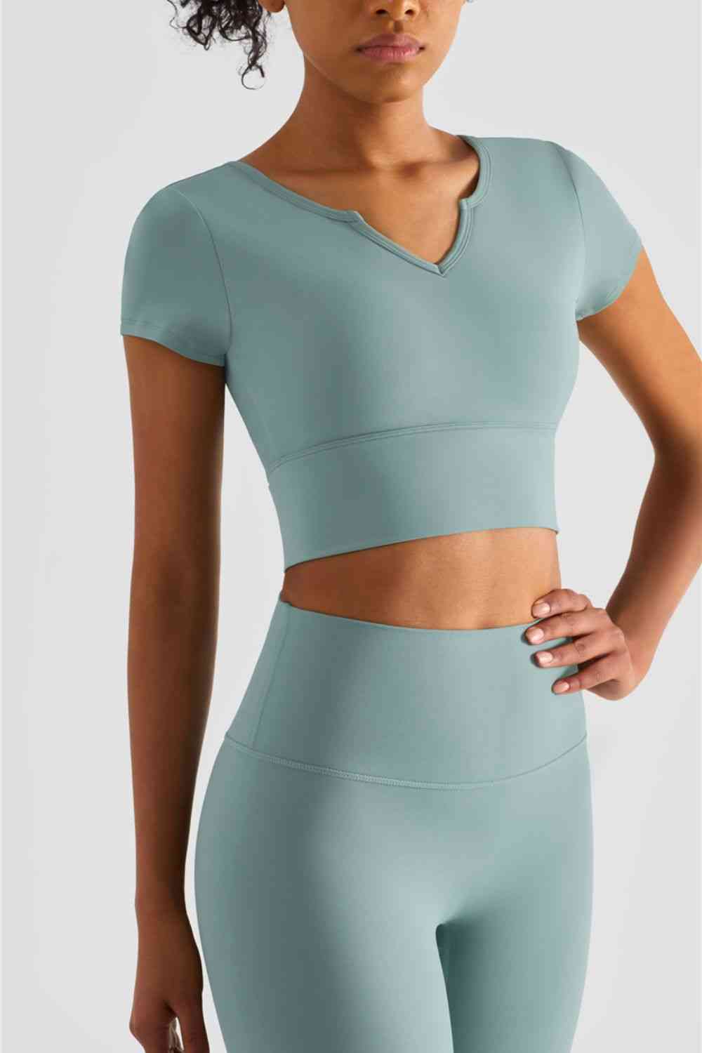 Notched Neck Short Sleeve Cropped Sports Top - Sufyaa