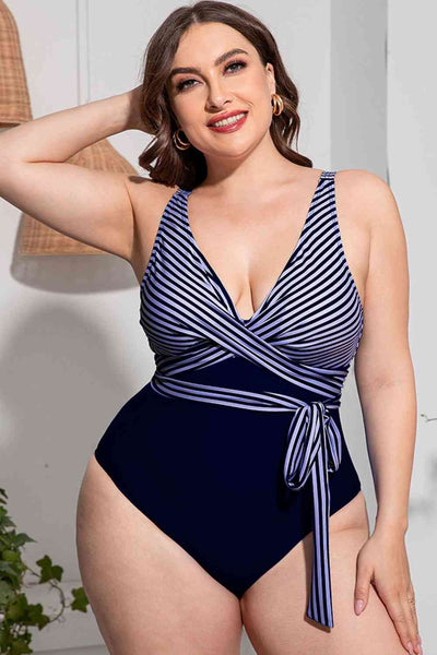 Plus Size Striped Tie-Waist One-Piece Swimsuit - Sufyaa