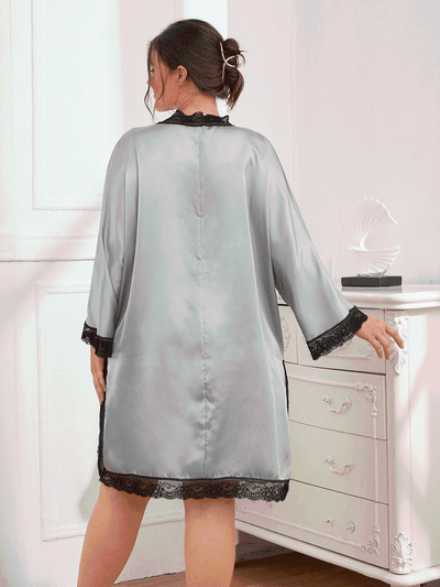 Plus Size Contrast Spliced Lace Deep V Slit Night Dress - Sufyaa