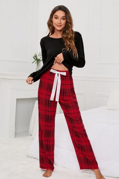Round Neck Long Sleeve Top and Bow Plaid Pants Lounge Set - Sufyaa