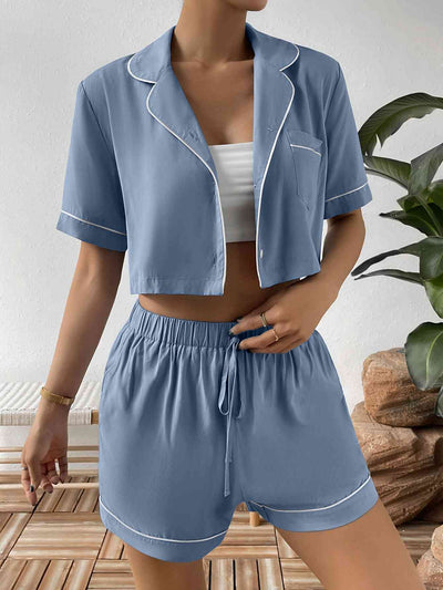 Contrast Lapel Collar Cropped Shirt and Shorts Lounge Set - Sufyaa