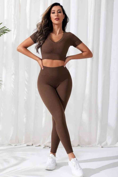 V-Neck Crop Top and High Waistband Long Active Pants - Sufyaa