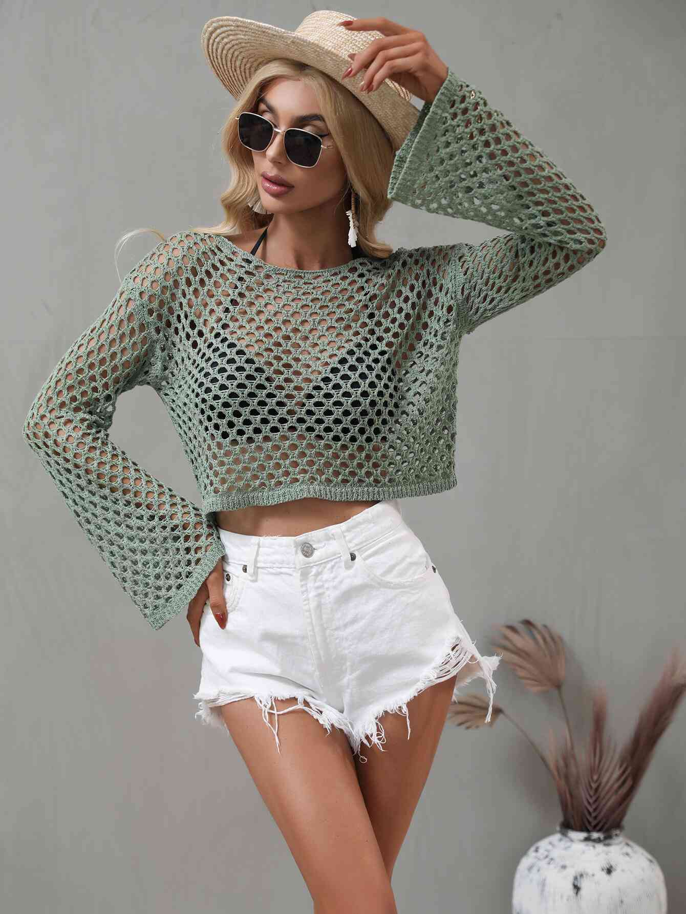 Openwork Flare Sleeve Cropped Cover Up - Sufyaa