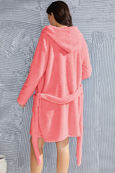 Fuzzy Tied Pocketed Hooded Lounge Nightgown - Sufyaa
