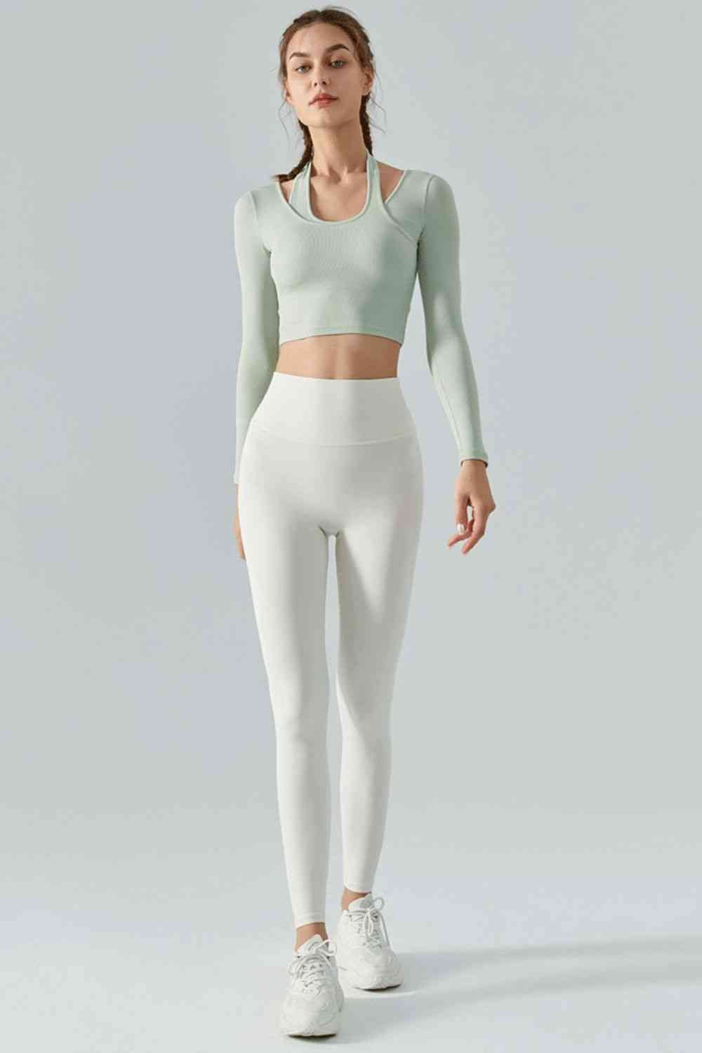 Halter Neck Long Sleeve Cropped Sports Top - Sufyaa