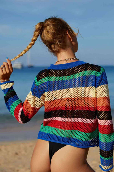 Rainbow Stripe Openwork Long Sleeve Cover-Up - Sufyaa