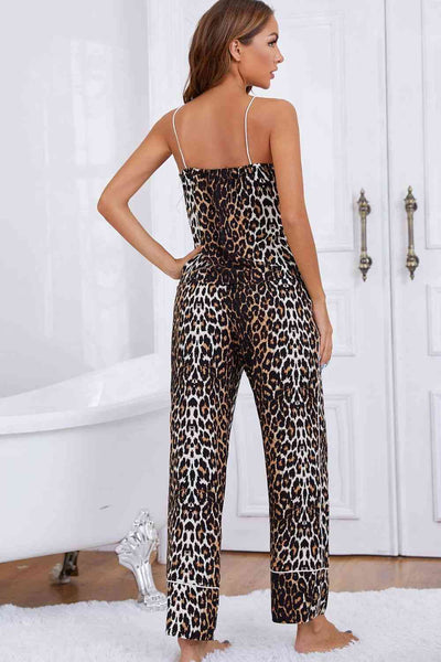 Leopard Contrast Piping Cami and Wide Leg Pants Lounge Set - Sufyaa