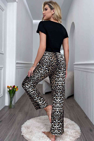 Lettuce Trim Cropped T-Shirt and Leopard Pants Lounge Set - Sufyaa