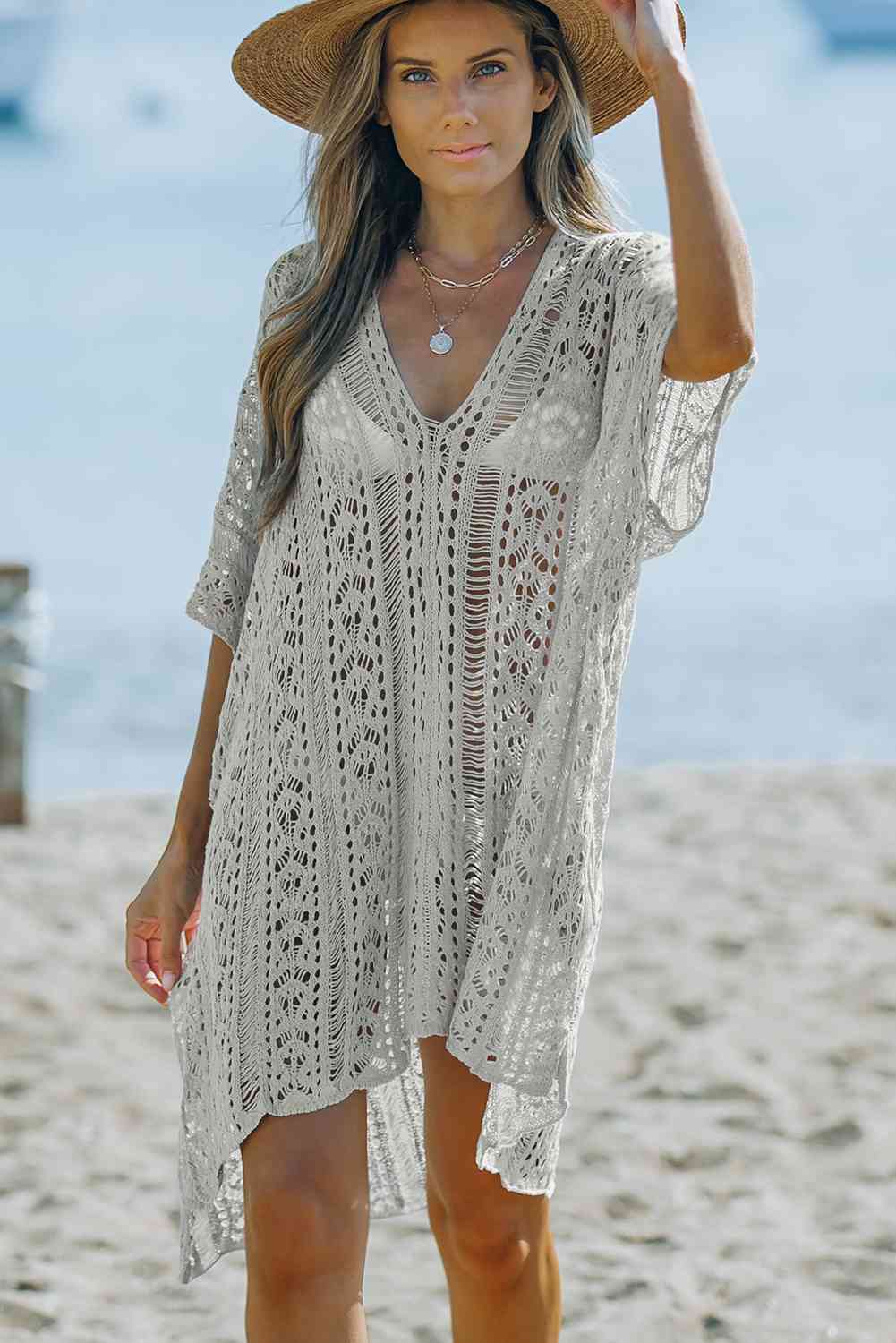 Openwork V-Neck Slit Cover Up - Sufyaa