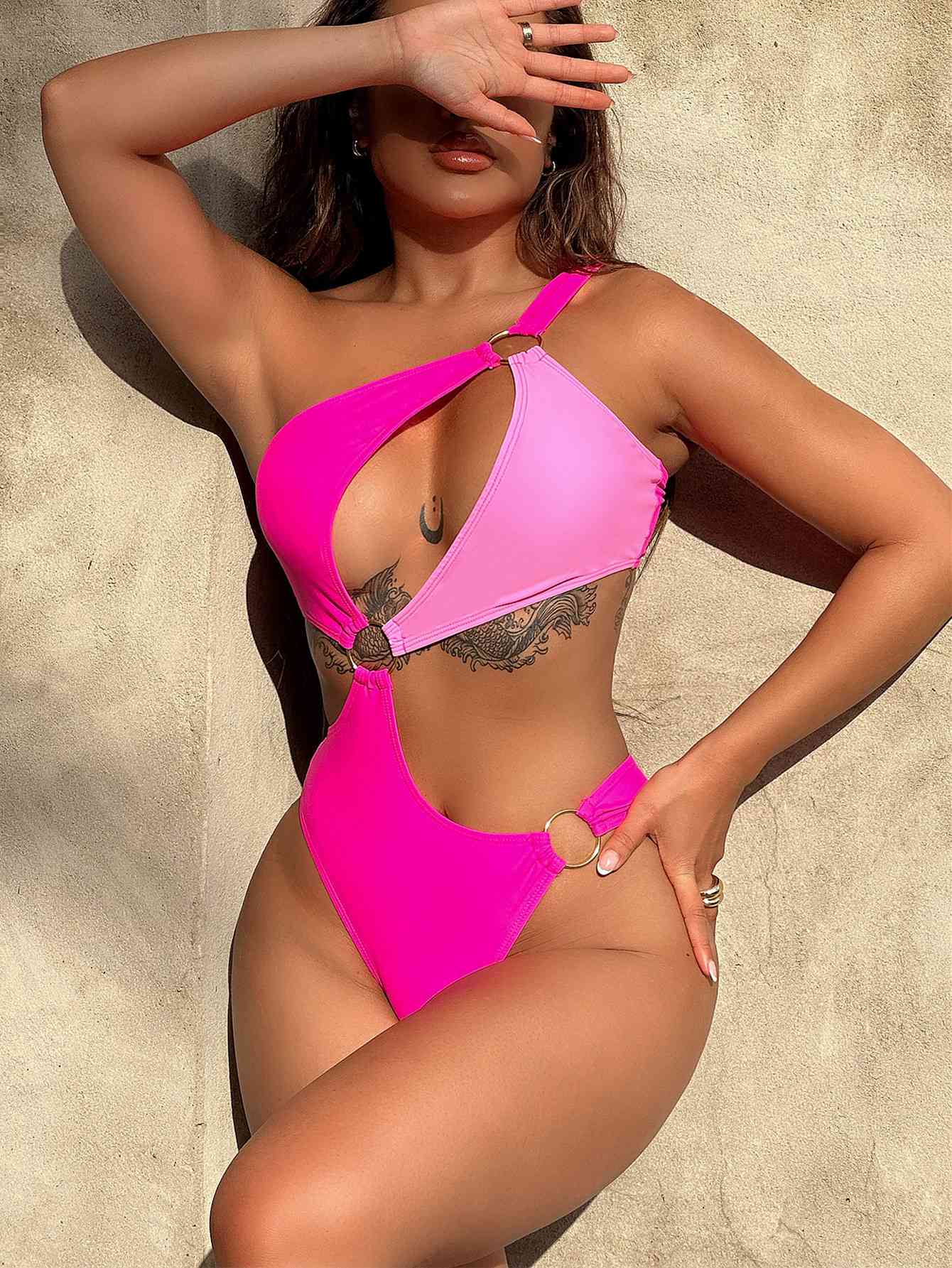 One-Shoulder Cutout Ring Detail One-Piece Swimsuit - Sufyaa