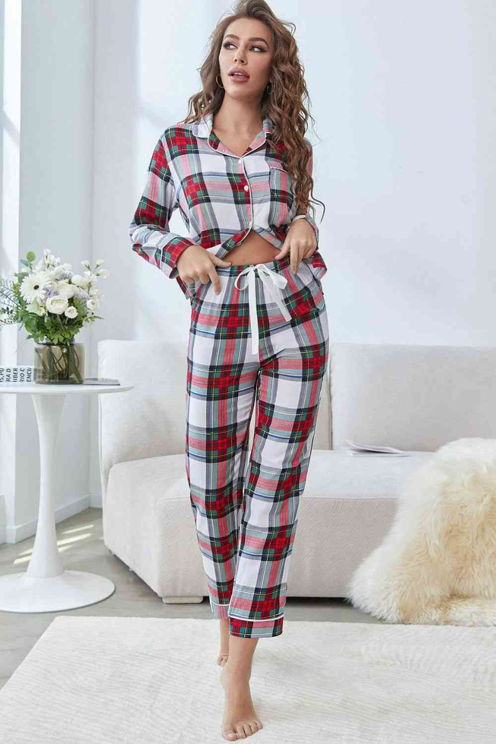 Plaid Button Front Top and Pants Lounge Set - Sufyaa