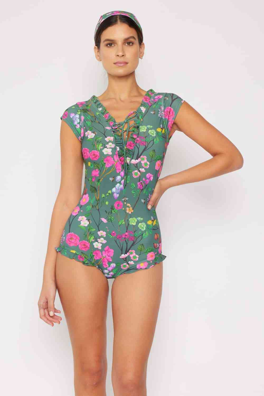 Marina West Swim Bring Me Flowers V-Neck One Piece Swimsuit In Sage - Sufyaa