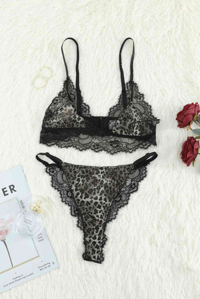Leopard Print Spliced Lace Bra and Panty Set - Sufyaa