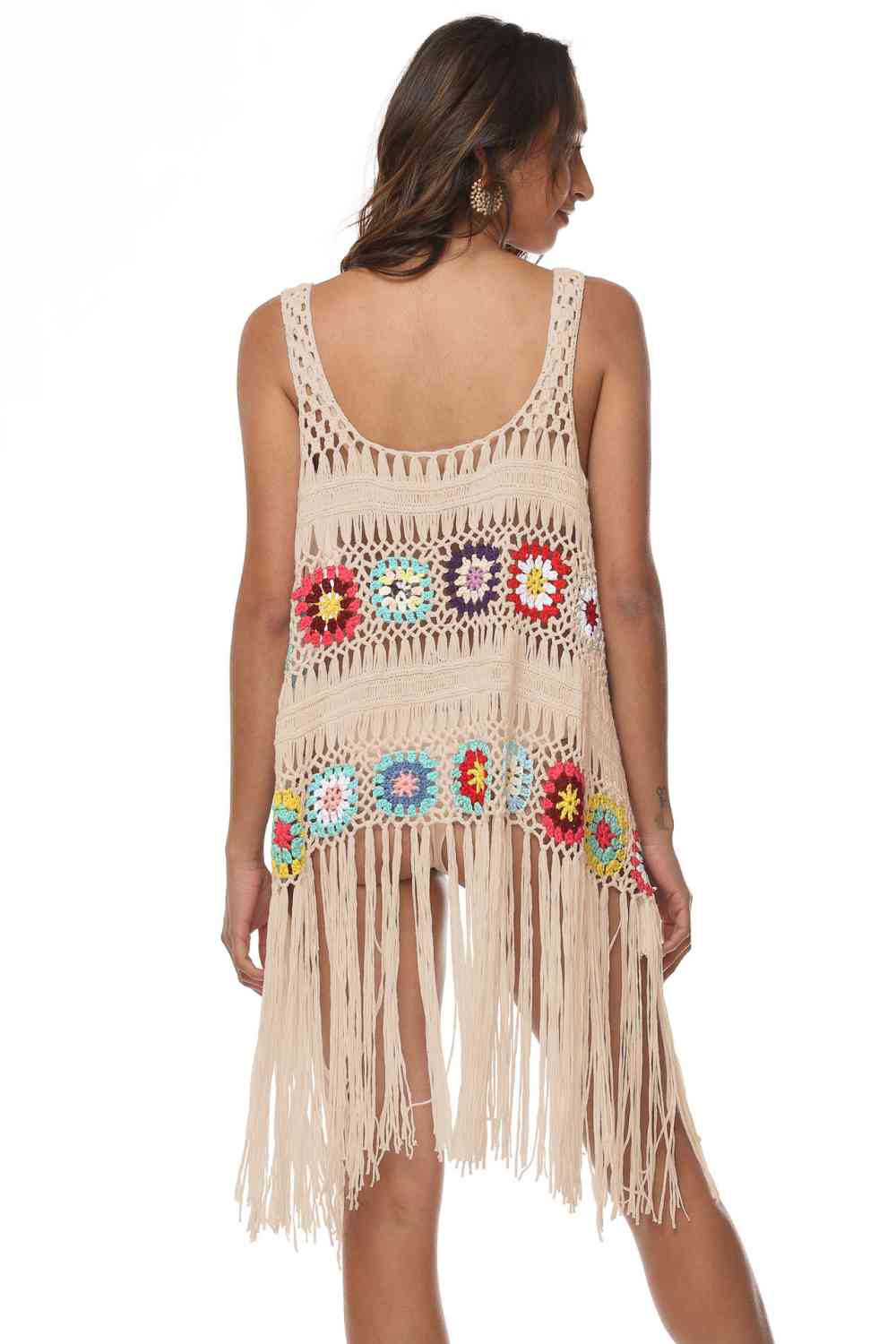 Openwork Fringe Detail Embroidery Sleeveless Cover-Up - Sufyaa