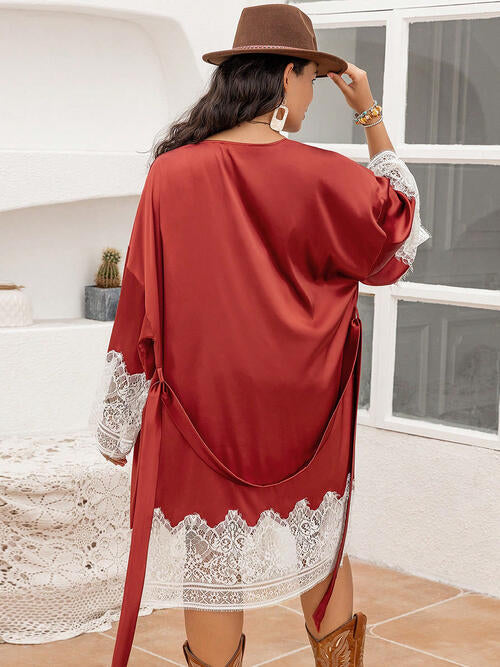 Plus Size Lace Patchwork Tie Front Robe - Sufyaa