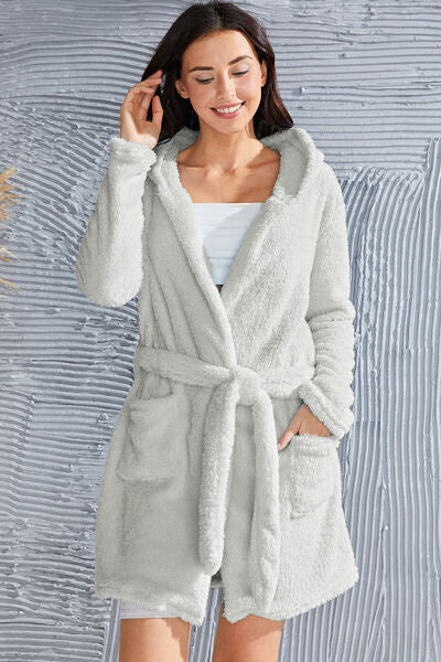 Fuzzy Tied Pocketed Hooded Lounge Nightgown - Sufyaa