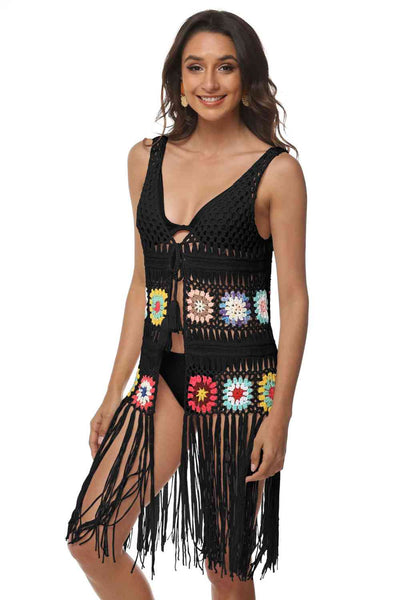 Openwork Fringe Detail Embroidery Sleeveless Cover-Up - Sufyaa