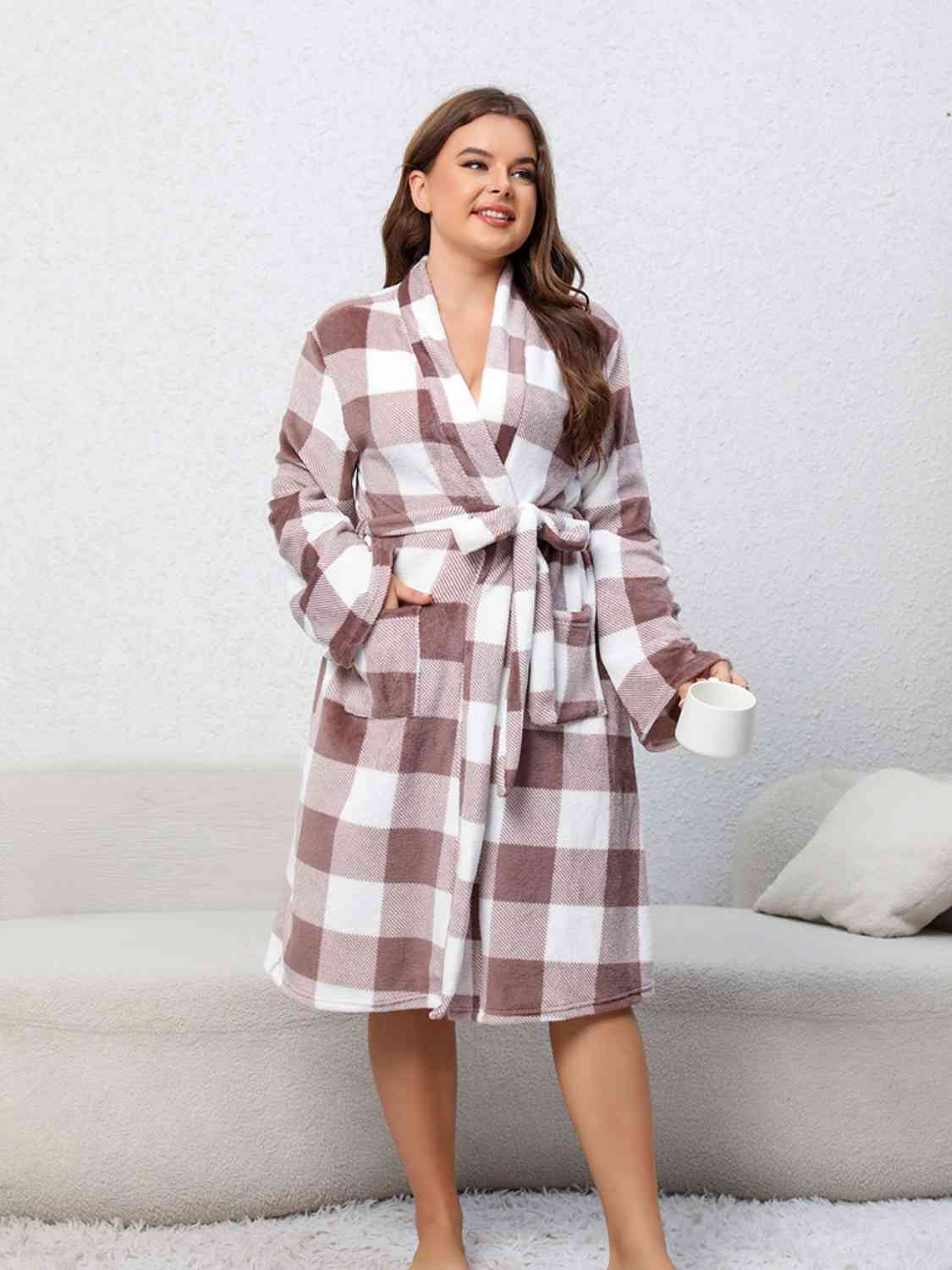 Plus Size Plaid Tie Front Robe with Pockets - Sufyaa
