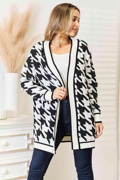 Woven Right Houndstooth Open Front Longline Cardigan - Sufyaa