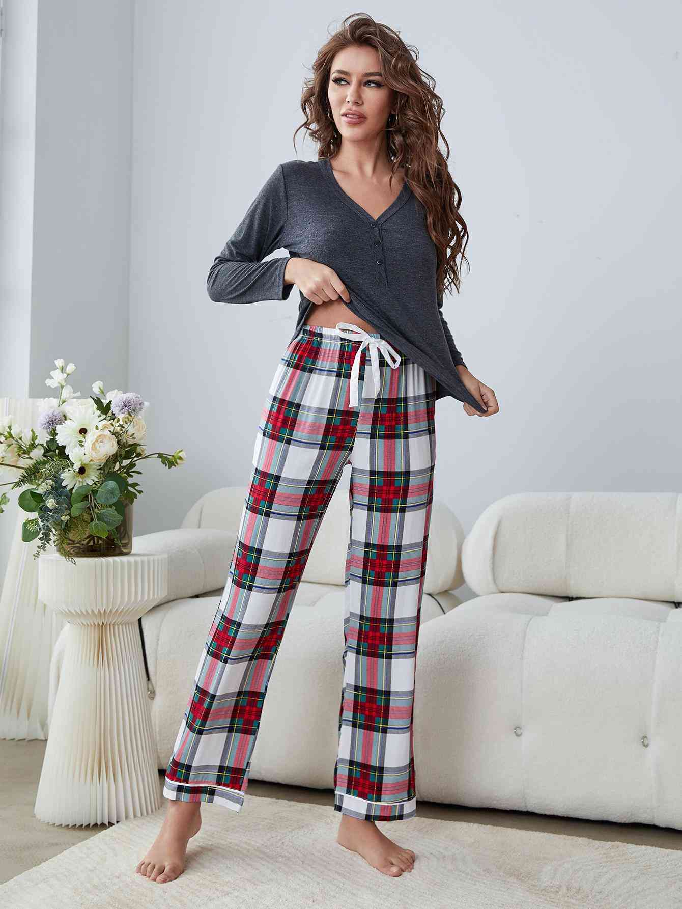 Buttoned Long Sleeve Top and Plaid Pants Lounge Set - Sufyaa