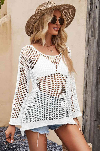 Openwork Round Neck Long Sleeve Cover Up - Sufyaa