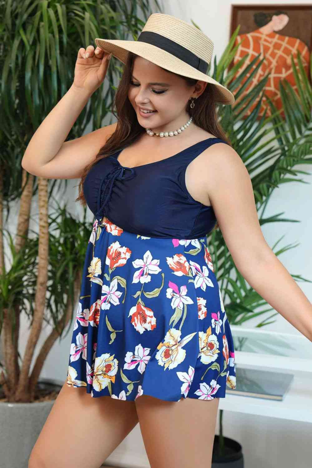 Plus Size Floral Ruched Sleeveless Swim Top - Sufyaa
