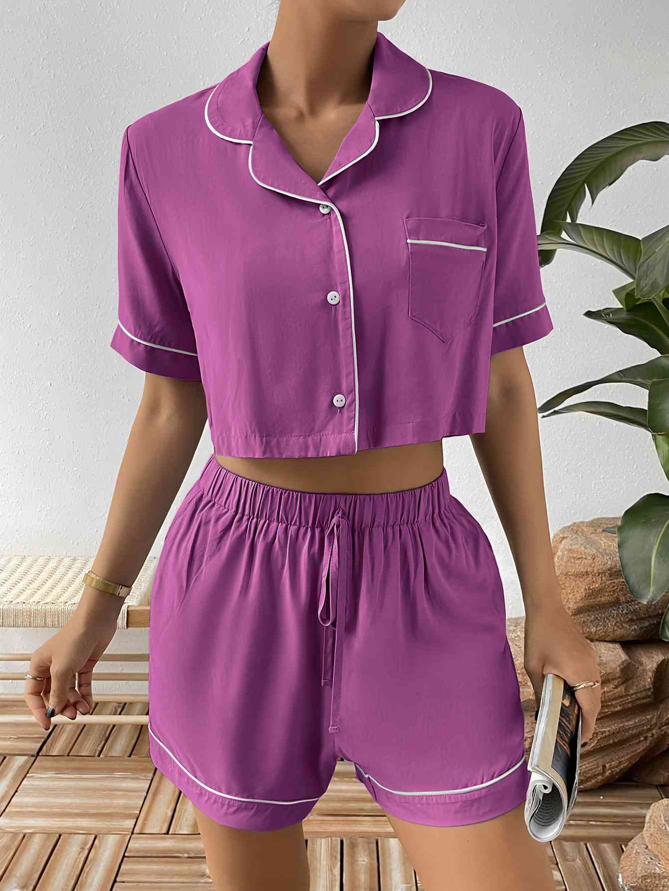 Contrast Lapel Collar Cropped Shirt and Shorts Lounge Set - Sufyaa