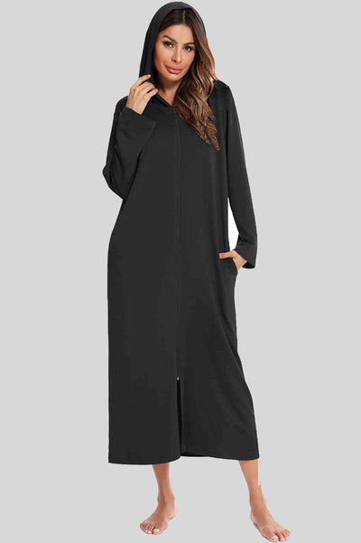 Zip Front Hooded Night Dress with Pockets - Sufyaa