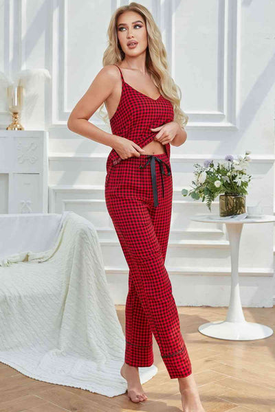 Gingham V-Neck Cami and Tied Pants Lounge Set - Sufyaa