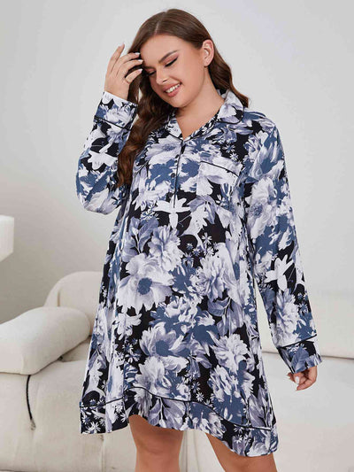 Plus Size Floral Lapel Collar Long Sleeve Night Dress - Sufyaa