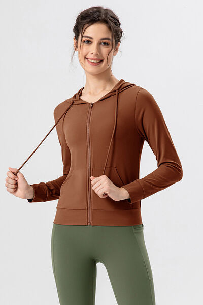 Drawstring Zip Up Hooded Active Outerwear - Sufyaa