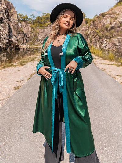 Plus Size Embroidery Contrast Tie Front Long Sleeve Robe - Sufyaa