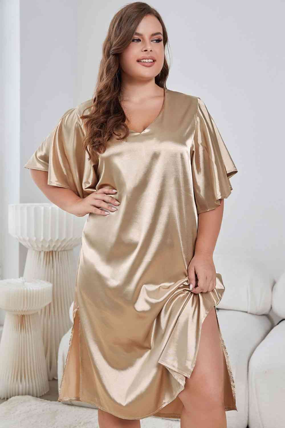 Plus Size Flutter Sleeve V-Neck Side Slit Night Gown - Sufyaa