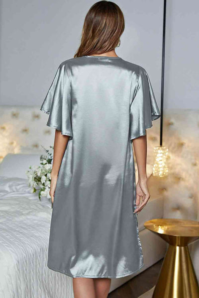 Satin Flutter Sleeve Side Slit V-Neck Night Dress - Sufyaa
