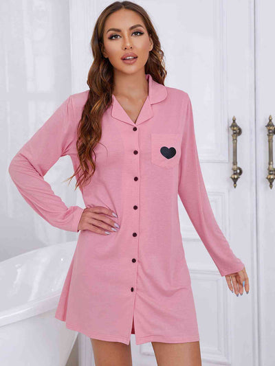 Heart Graphic Lapel Collar Long Sleeve Night Dress - Sufyaa