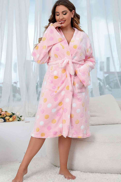 Plus Size Printed Tie Waist Robe with Pocket - Sufyaa