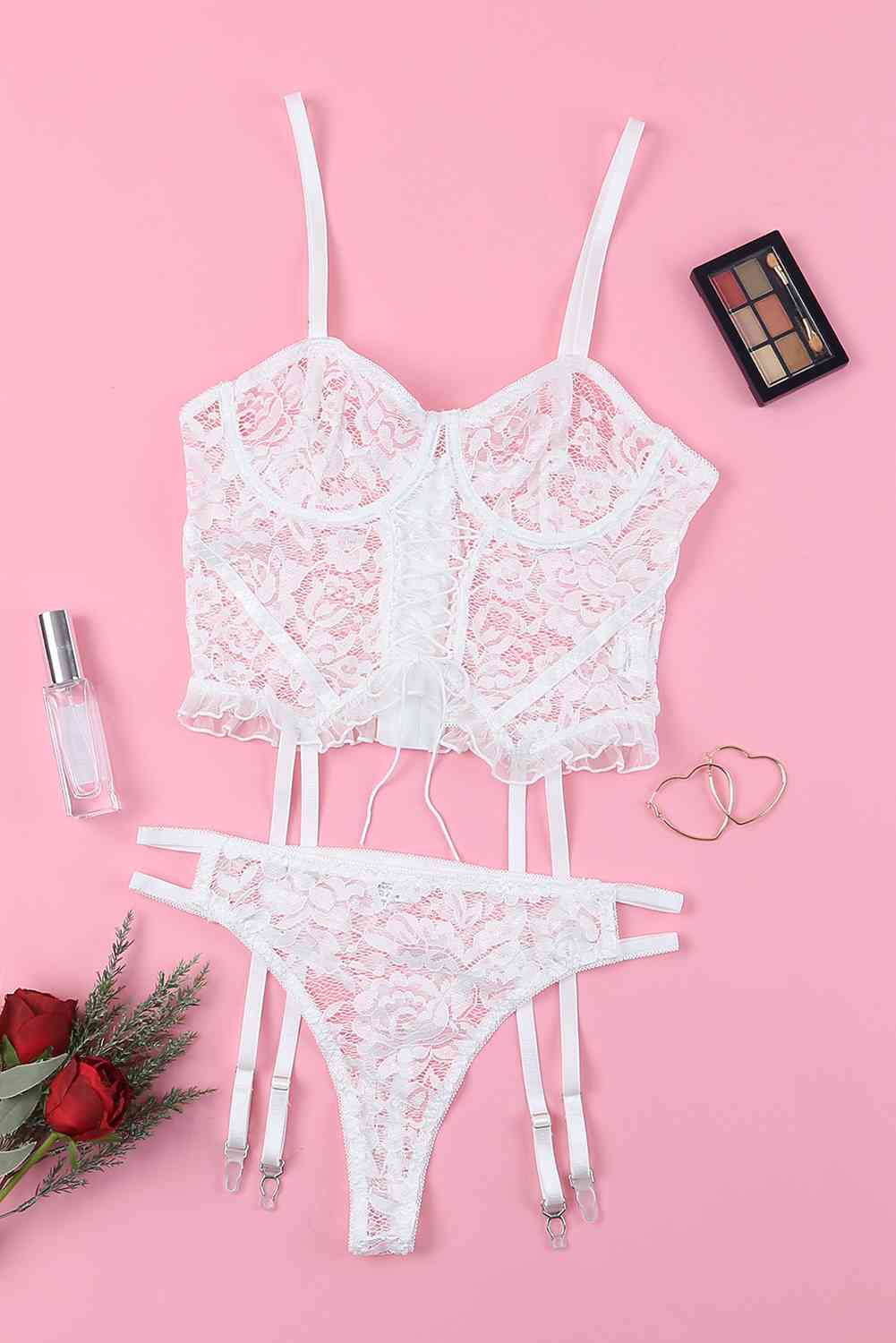 Lace-Up Frill Trim Lingerie Set - Sufyaa