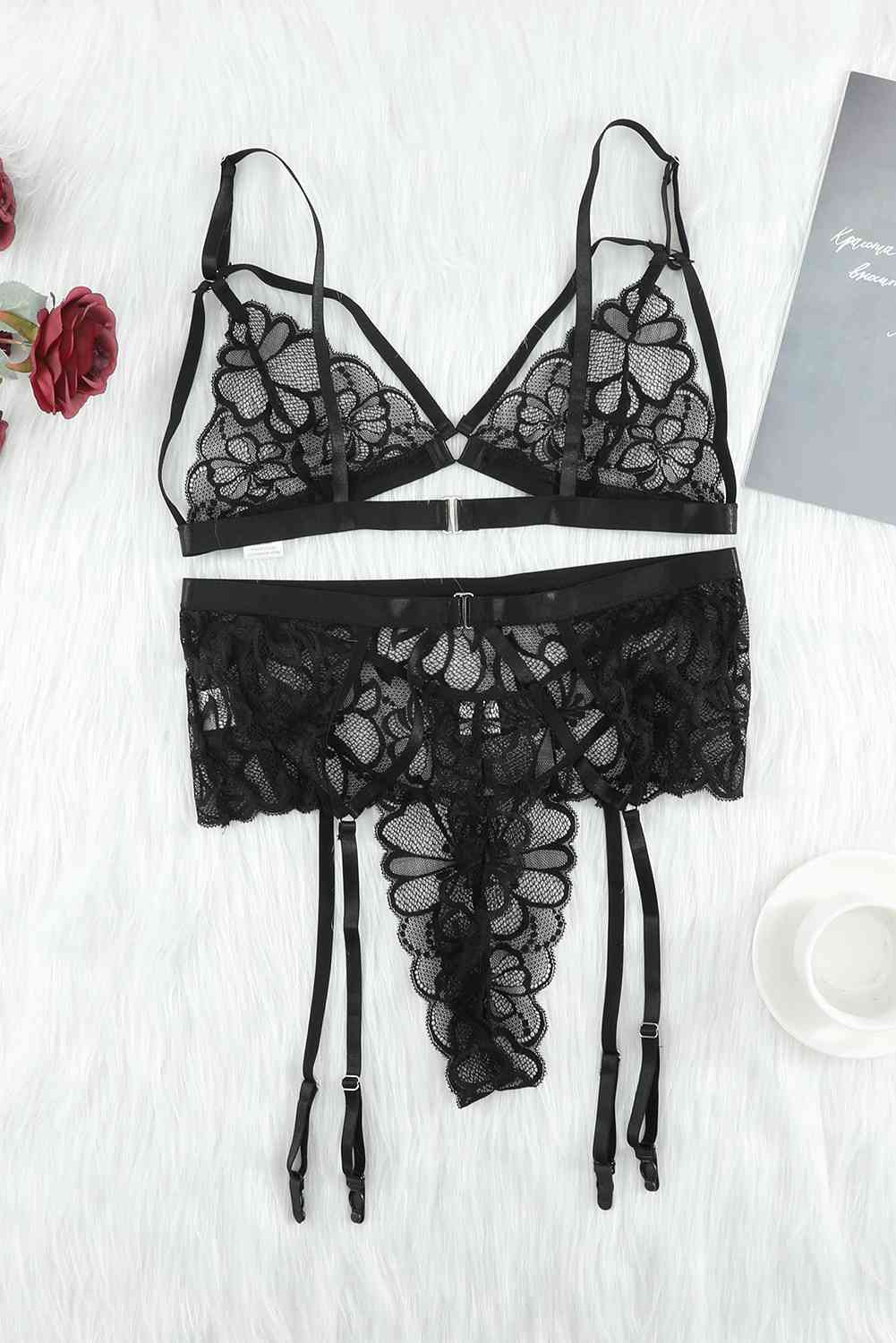 Strappy Three-Piece Lace Lingerie Set - Sufyaa