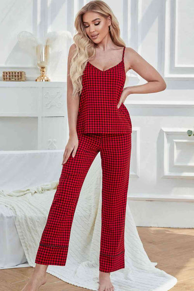 Gingham V-Neck Cami and Tied Pants Lounge Set - Sufyaa
