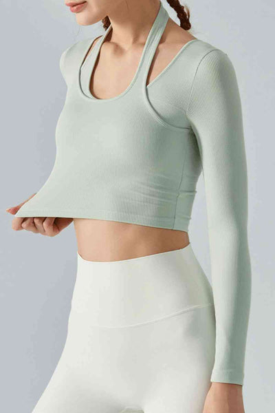 Halter Neck Long Sleeve Cropped Sports Top - Sufyaa