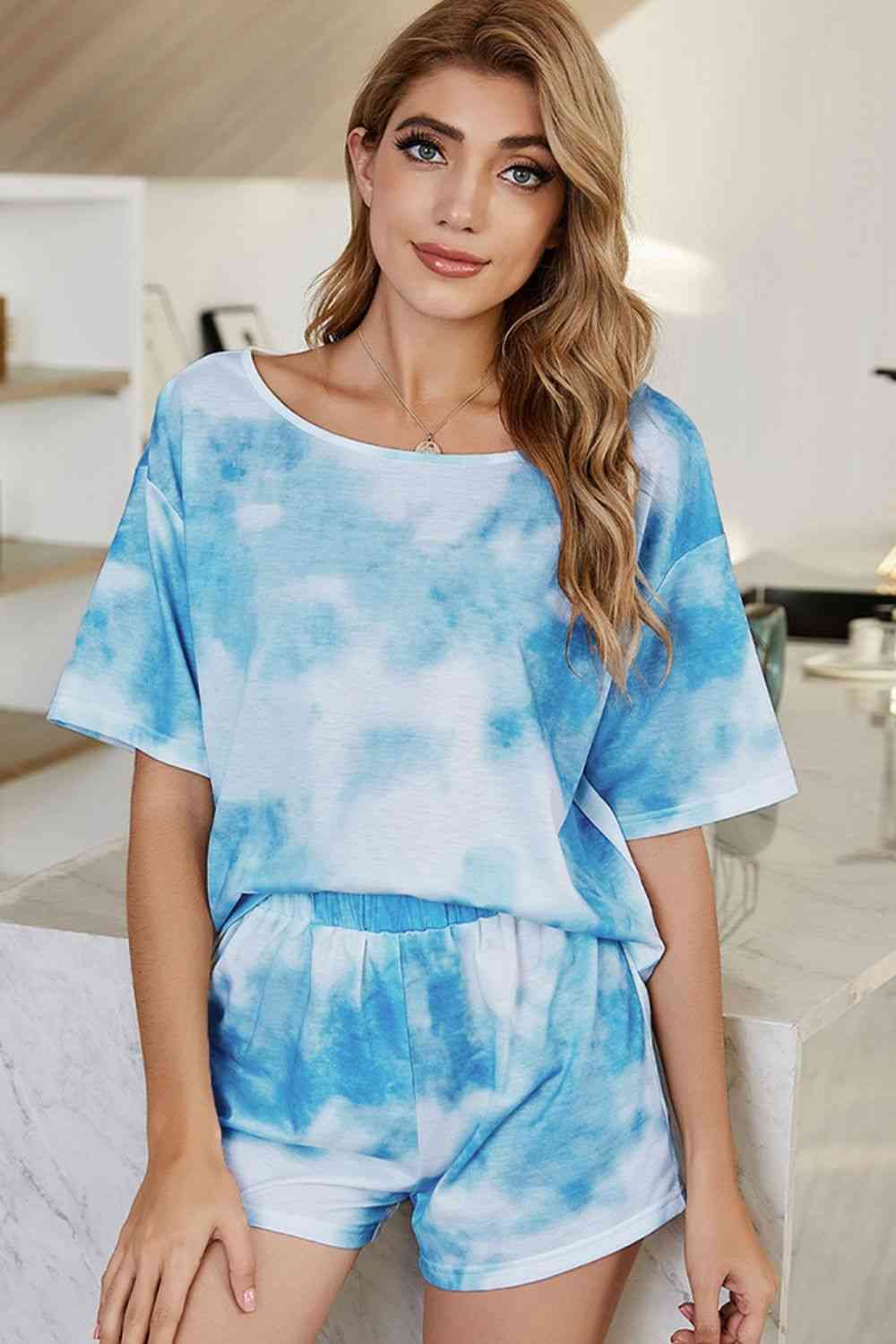 Tie-Dye Boat Neck Top and Shorts Lounge Set - Sufyaa