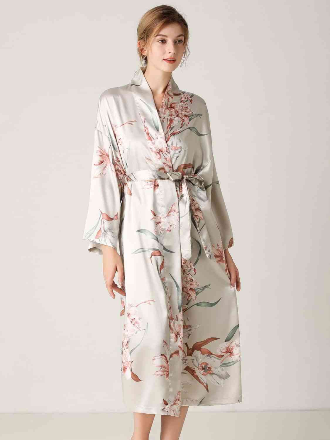 Floral Tie Waist Long Sleeve Robe - Sufyaa