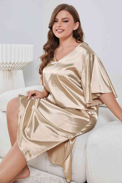 Plus Size Flutter Sleeve V-Neck Side Slit Night Gown - Sufyaa
