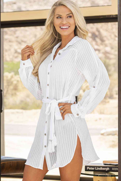 Belted Button-Front Cover-Up Shirt Dress - Sufyaa