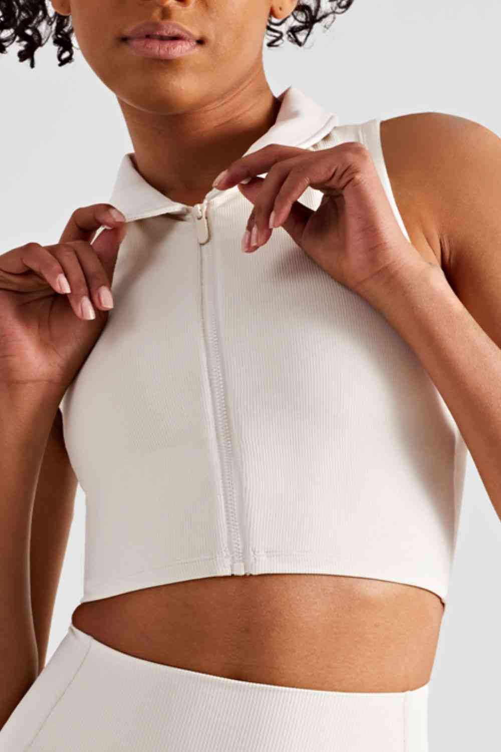 Zip Up Collared Cropped Sports Top - Sufyaa